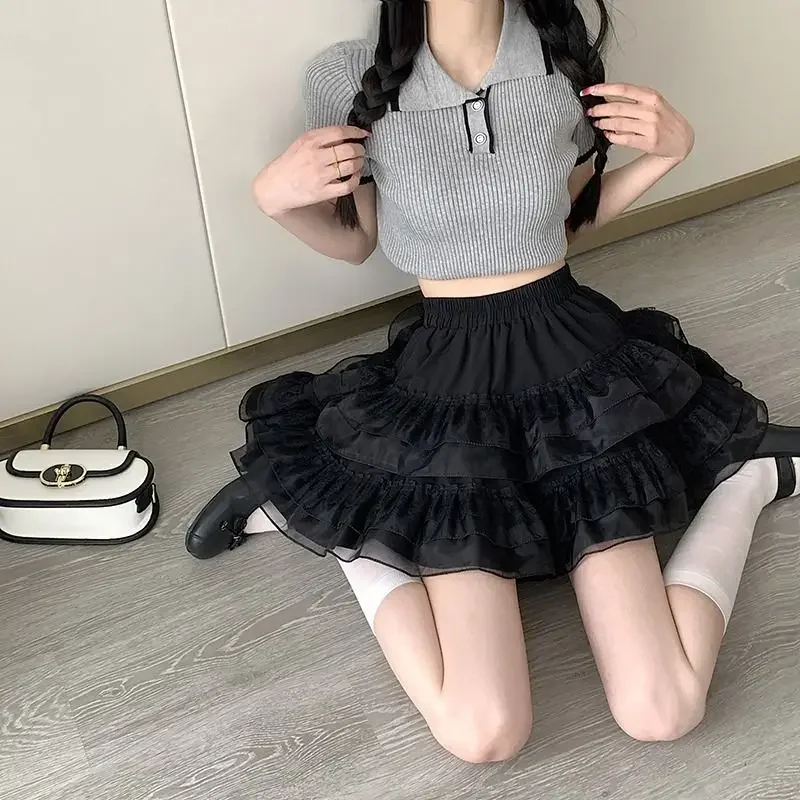 New In Clothes Sweet Korean Casual Summer Trend White Lace Cake Mini Skirt Ballet Syle High Waisted Mesh Canopy Short Dress