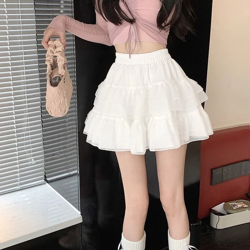 New In Clothes Sweet Korean Casual Summer Trend White Lace Cake Mini Skirt Ballet Syle High Waisted Mesh Canopy Short Dress