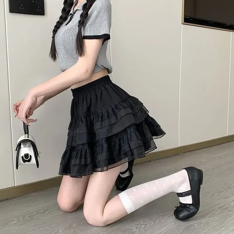 New In Clothes Sweet Korean Casual Summer Trend White Lace Cake Mini Skirt Ballet Syle High Waisted Mesh Canopy Short Dress