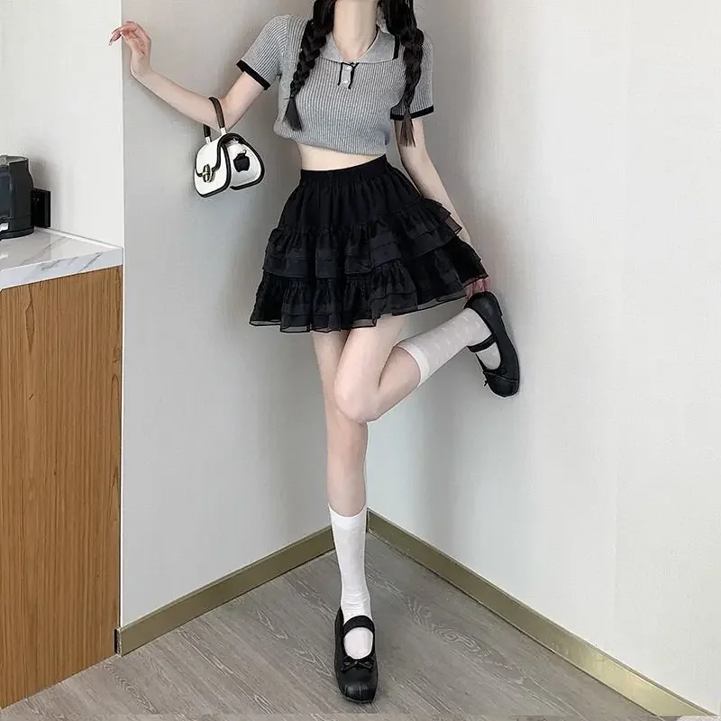 New In Clothes Sweet Korean Casual Summer Trend White Lace Cake Mini Skirt Ballet Syle High Waisted Mesh Canopy Short Dress