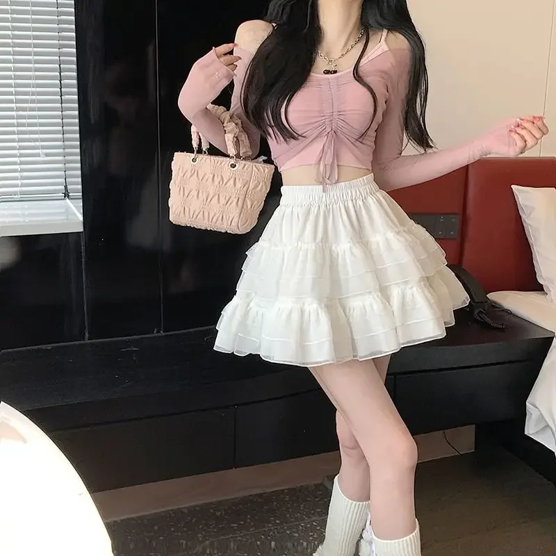 New In Clothes Sweet Korean Casual Summer Trend White Lace Cake Mini Skirt Ballet Syle High Waisted Mesh Canopy Short Dress