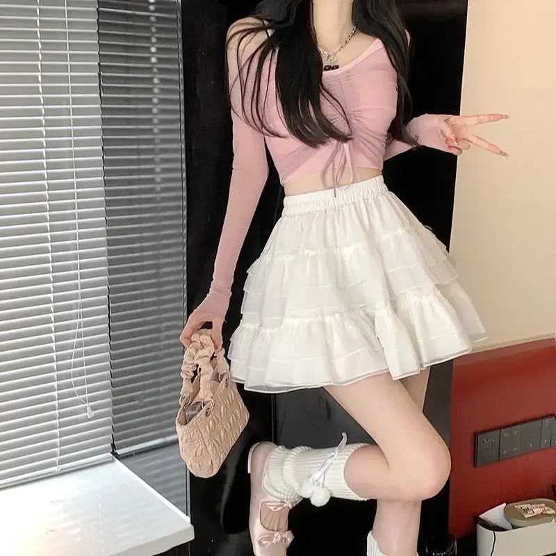 New In Clothes Sweet Korean Casual Summer Trend White Lace Cake Mini Skirt Ballet Syle High Waisted Mesh Canopy Short Dress