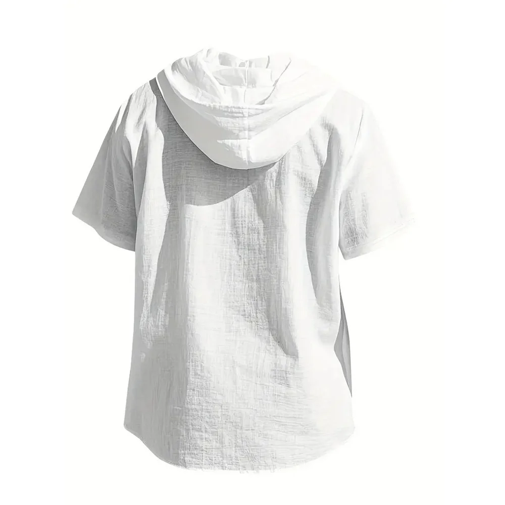 Cotton Linen Shirt for Men Hooded Short Sleeve Solid Color Breathable Lightweight Drawstring Design Shirts Casual Basic Tees