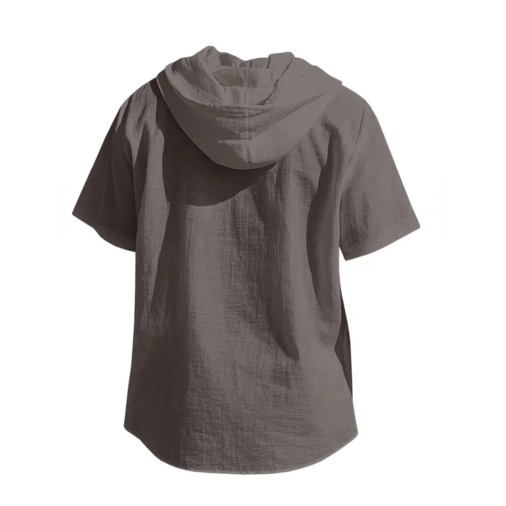 Cotton Linen Shirt for Men Hooded Short Sleeve Solid Color Breathable Lightweight Drawstring Design Shirts Casual Basic Tees