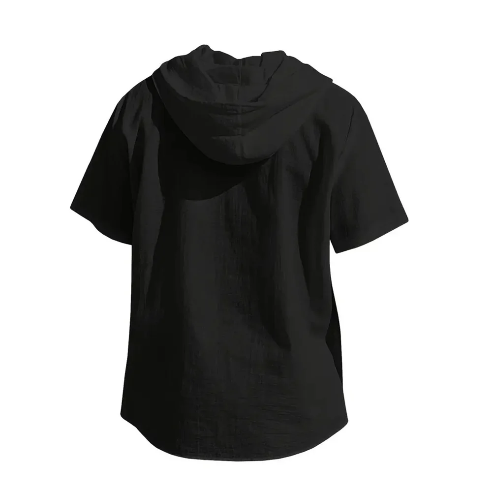 Cotton Linen Shirt for Men Hooded Short Sleeve Solid Color Breathable Lightweight Drawstring Design Shirts Casual Basic Tees