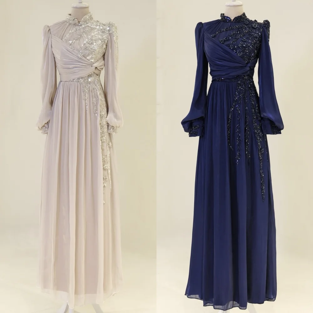 Customized High Quality Fashion Chiffon Beading Ruched Straight High Collar Long Dresses Bespoke Occasion Dresses Exquisite