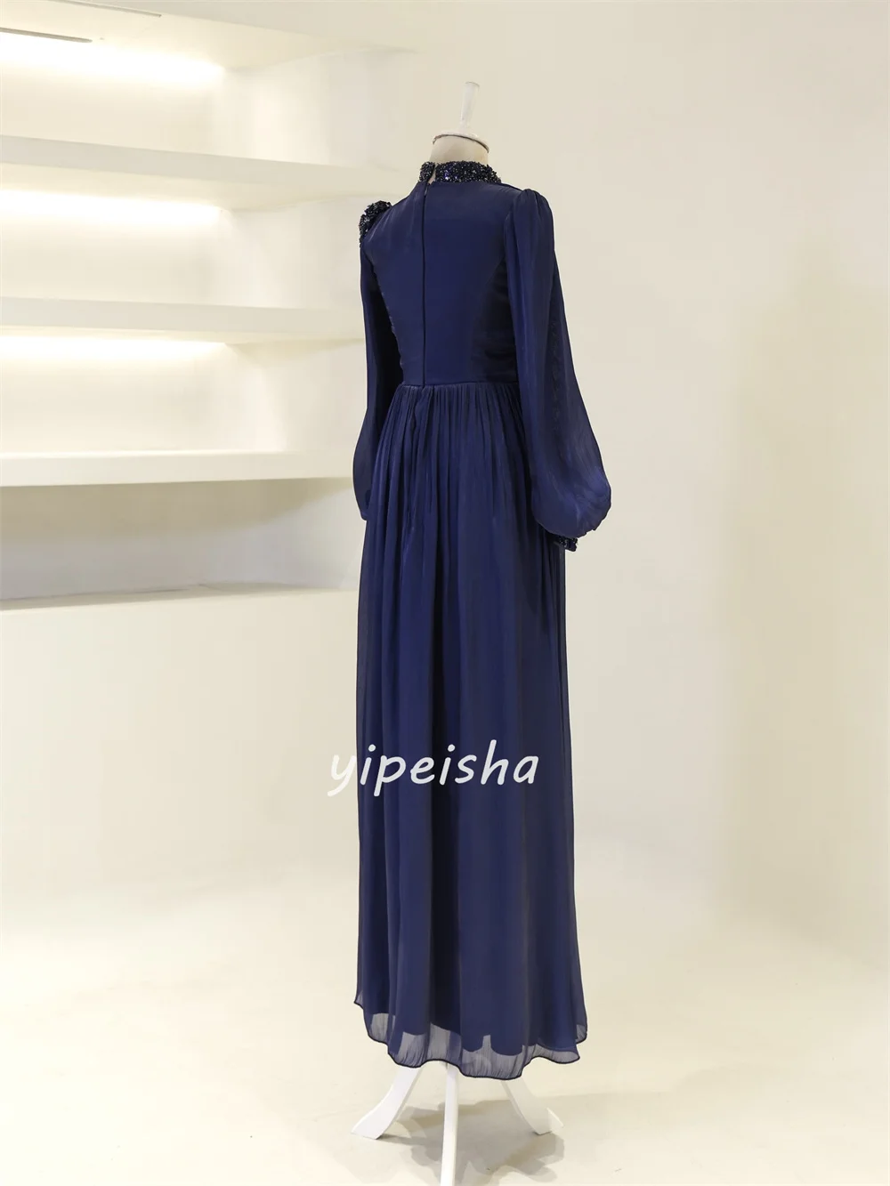 Customized High Quality Fashion Chiffon Beading Ruched Straight High Collar Long Dresses Bespoke Occasion Dresses Exquisite