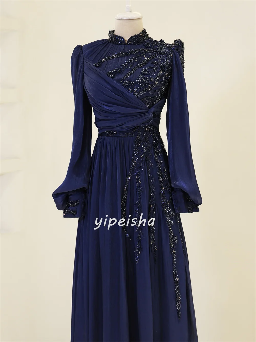Customized High Quality Fashion Chiffon Beading Ruched Straight High Collar Long Dresses Bespoke Occasion Dresses Exquisite
