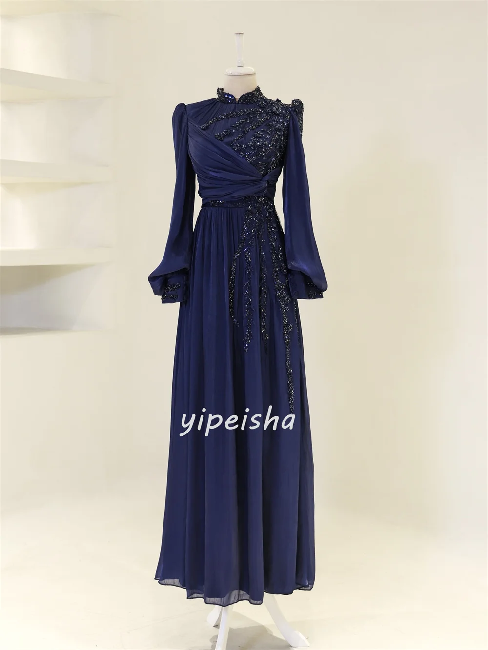 Customized High Quality Fashion Chiffon Beading Ruched Straight High Collar Long Dresses Bespoke Occasion Dresses Exquisite