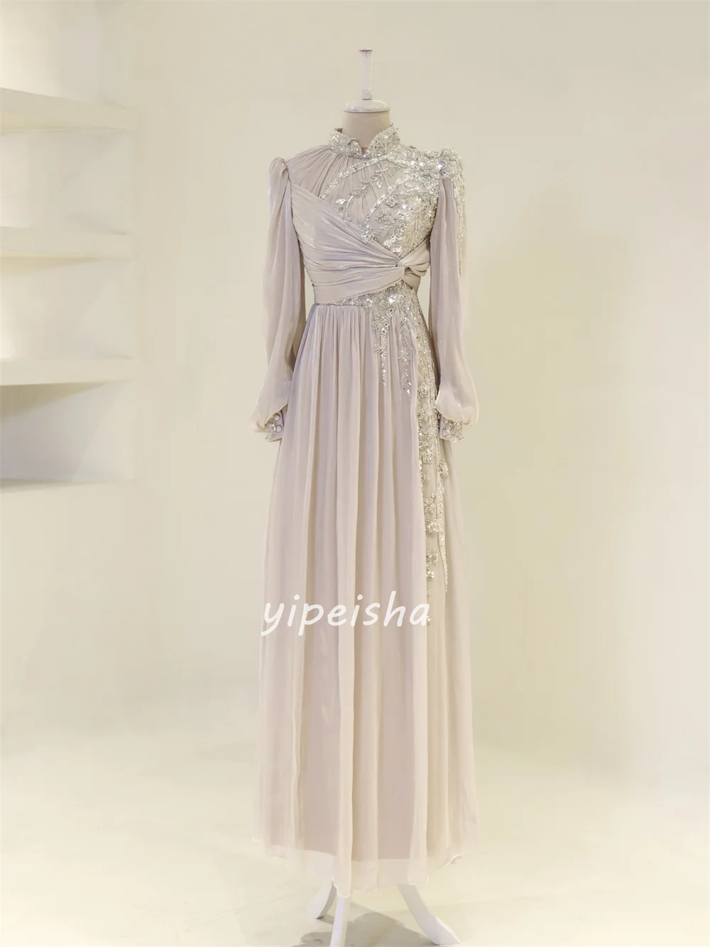 Customized High Quality Fashion Chiffon Beading Ruched Straight High Collar Long Dresses Bespoke Occasion Dresses Exquisite
