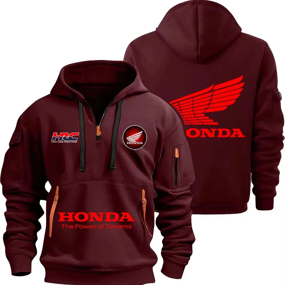 Honda zipper hoodie outdoor sports enthusiasts 2025 new men and women fashion half zipper pocket spring and autumn hoodie
