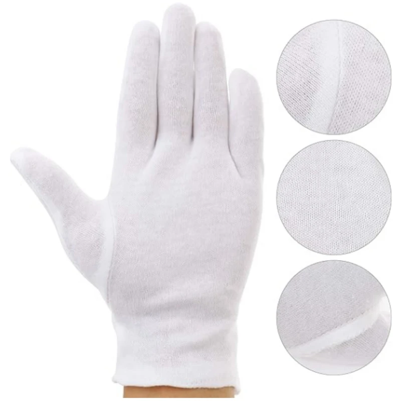 6/12Pairs White Cotton Gloves for Women Men Full Finger Anti Slip Hand Protection Gloves Waiters Drivers Jewelry Workers Glove