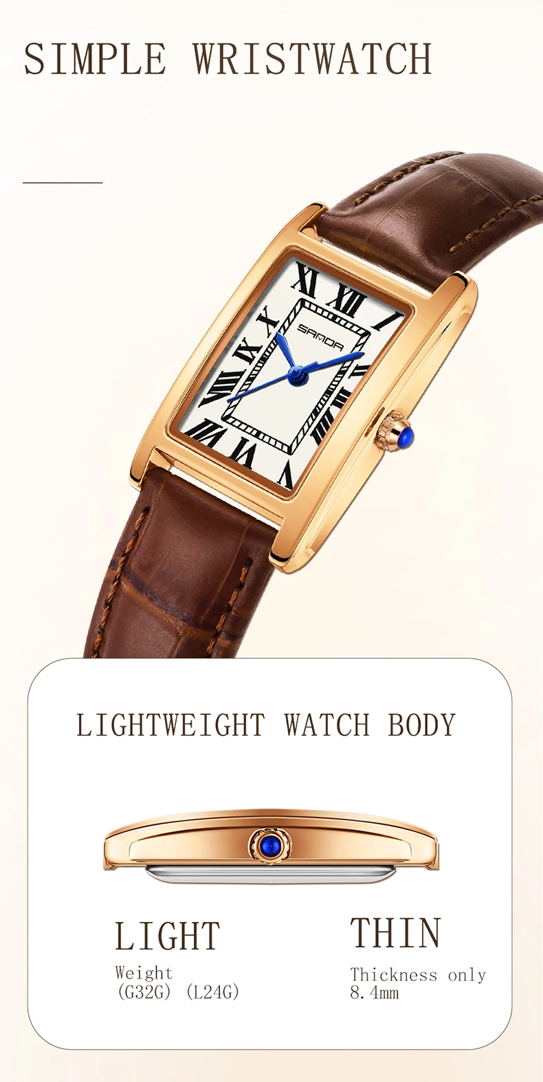 SANDA Leisure Leather Strap Men Women Couple Tank Watches Vintage Korean Roman Scale Square Temperament Quartz Wristwatch