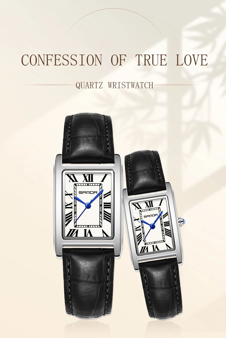 SANDA Leisure Leather Strap Men Women Couple Tank Watches Vintage Korean Roman Scale Square Temperament Quartz Wristwatch