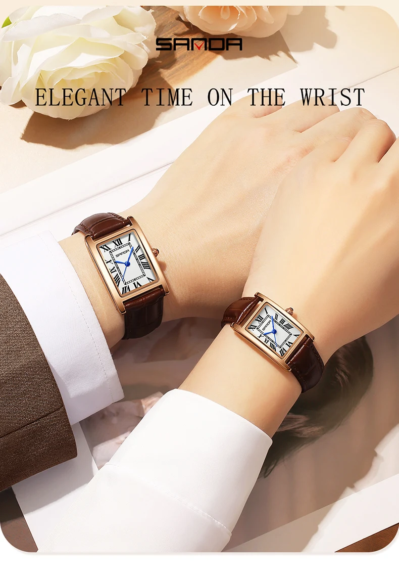 SANDA Leisure Leather Strap Men Women Couple Tank Watches Vintage Korean Roman Scale Square Temperament Quartz Wristwatch