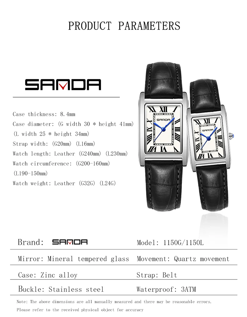 SANDA Leisure Leather Strap Men Women Couple Tank Watches Vintage Korean Roman Scale Square Temperament Quartz Wristwatch