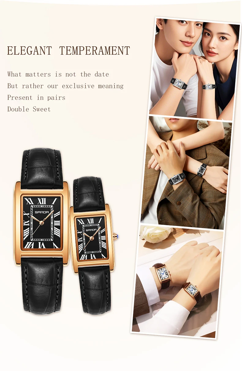 SANDA Leisure Leather Strap Men Women Couple Tank Watches Vintage Korean Roman Scale Square Temperament Quartz Wristwatch