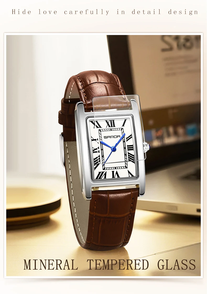 SANDA Leisure Leather Strap Men Women Couple Tank Watches Vintage Korean Roman Scale Square Temperament Quartz Wristwatch