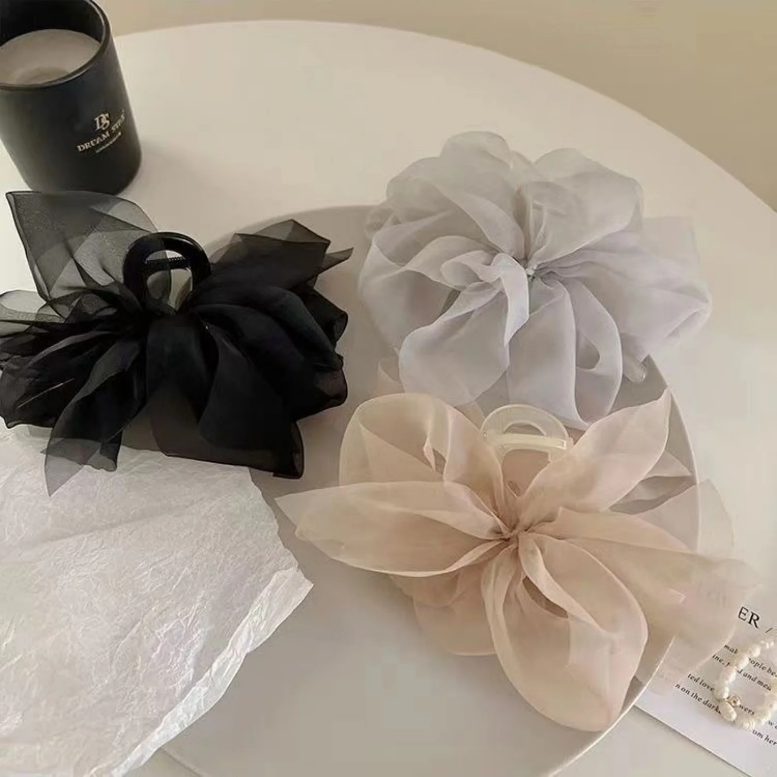 Fashion Mesh Tulle Large Bow Grab Clip Elegant Retro Female Net Yarn Ponytail Braid Claw Clip Hair Accessories Gift Headdress