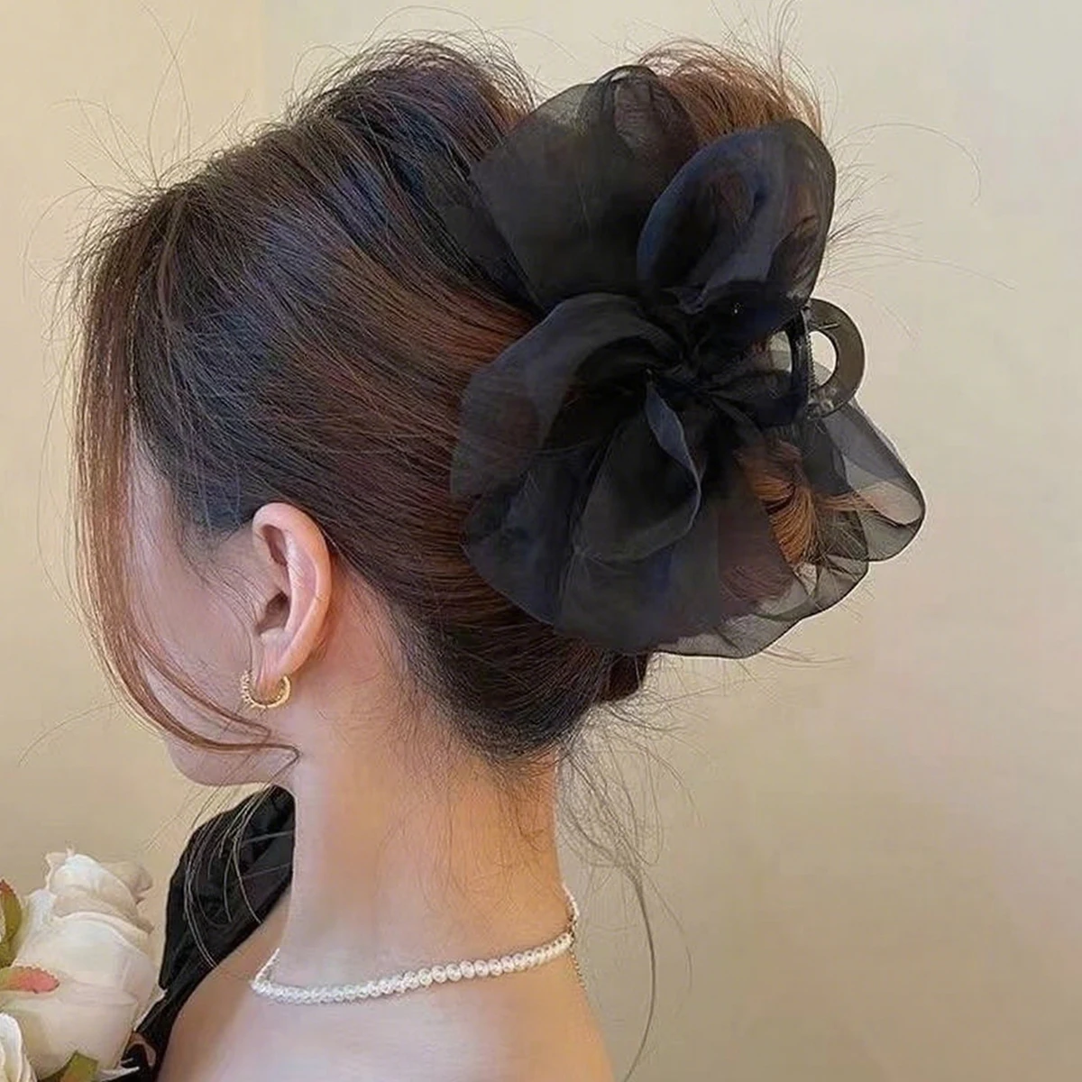 Fashion Mesh Tulle Large Bow Grab Clip Elegant Retro Female Net Yarn Ponytail Braid Claw Clip Hair Accessories Gift Headdress