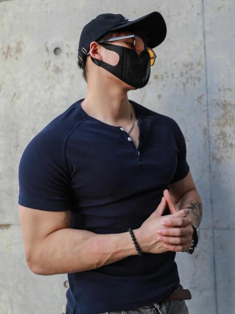 Men's Summer Short Sleeve Henley Neck T-shirt Solid Color Male Tops Slim Fit Button Neck High Quality Cozy Tshirt Streetwear
