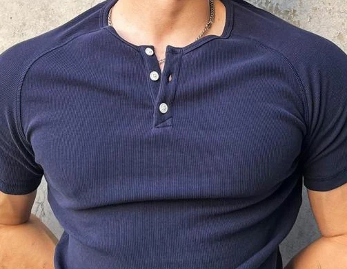 Men's Summer Short Sleeve Henley Neck T-shirt Solid Color Male Tops Slim Fit Button Neck High Quality Cozy Tshirt Streetwear