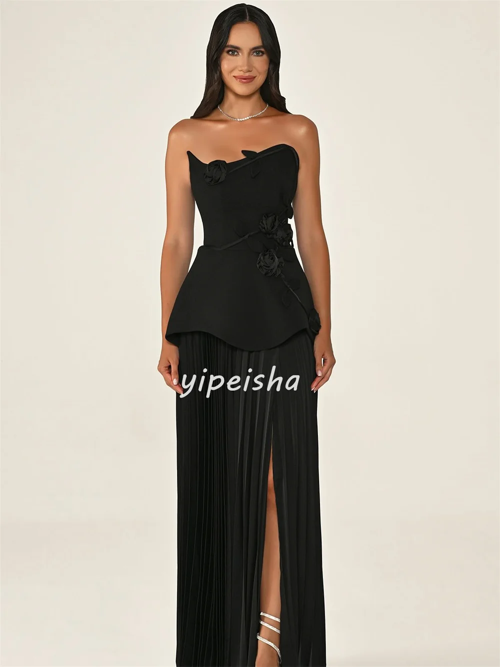 Customized Modern Style Elegant Handmade Flower Ruched Straight Strapless Long Dresses Bespoke Occasion Dresses Sizes Available