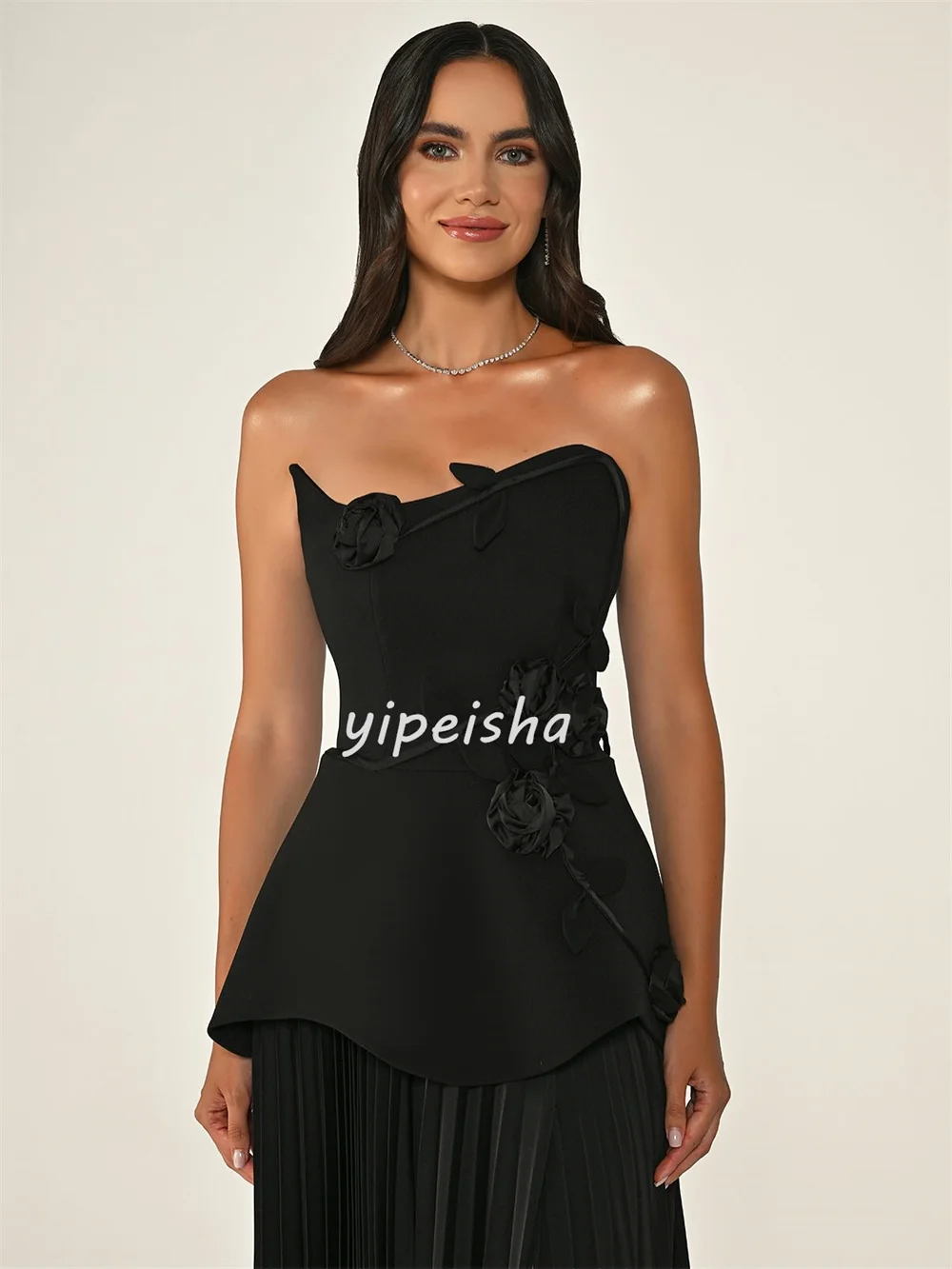 Customized Modern Style Elegant Handmade Flower Ruched Straight Strapless Long Dresses Bespoke Occasion Dresses Sizes Available