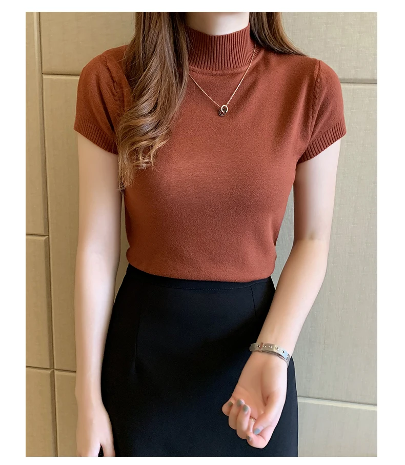 Half-High Neck T-Shirt Women's Fashion Jumper Casual Tops Korean Style Elegant Solid-Coloured Clothing Spring And Summer Season