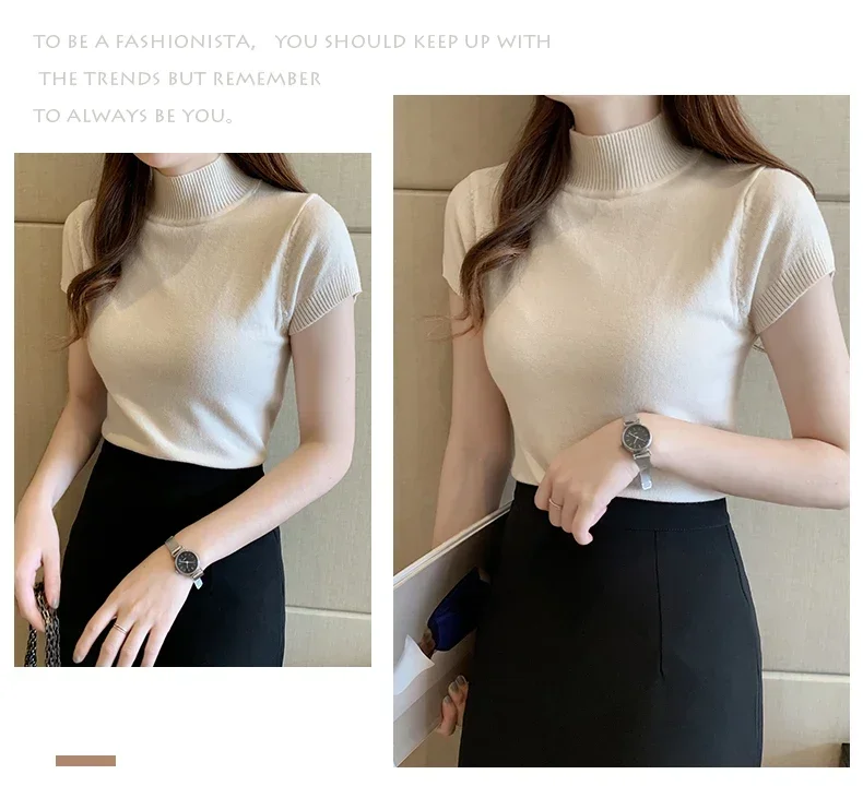 Half-High Neck T-Shirt Women's Fashion Jumper Casual Tops Korean Style Elegant Solid-Coloured Clothing Spring And Summer Season