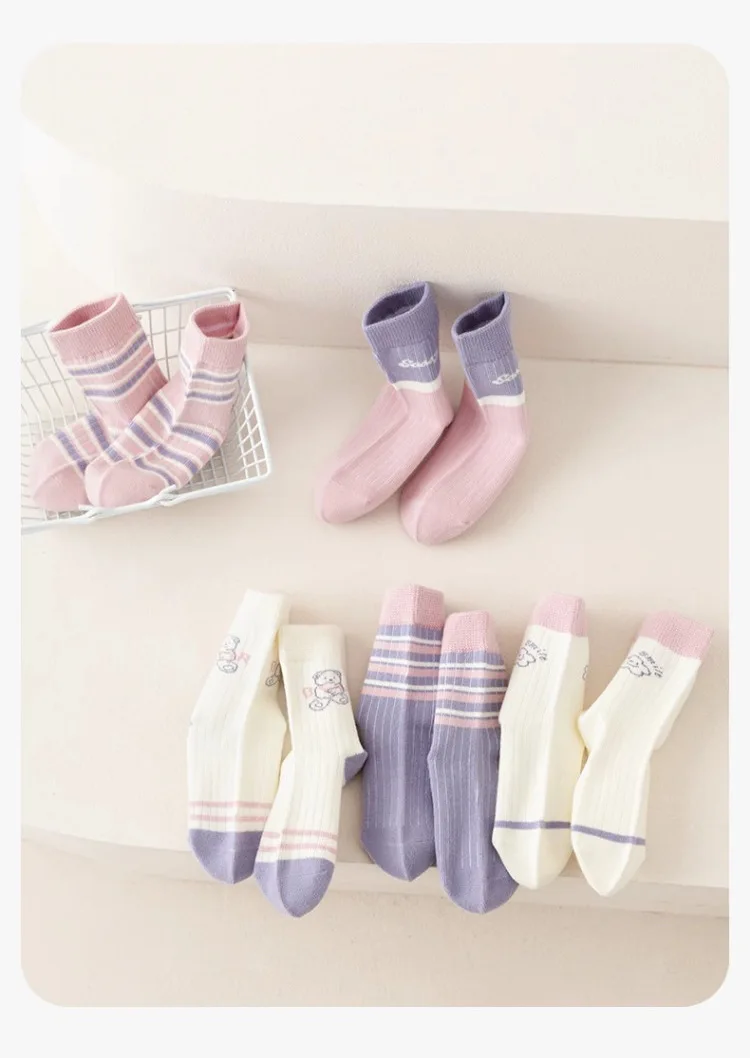 5 Pairs Girls' Socks Spring Summer Cotton Socks Kids Cute Bear Sock 1-14T Children's Mid-calf Socks