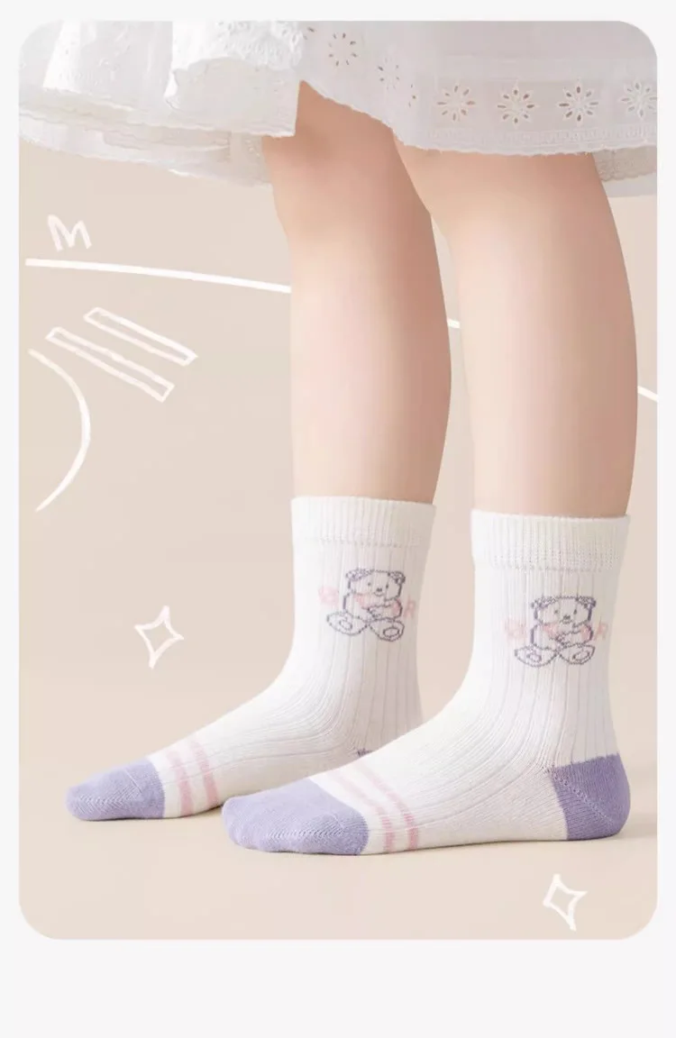 5 Pairs Girls' Socks Spring Summer Cotton Socks Kids Cute Bear Sock 1-14T Children's Mid-calf Socks