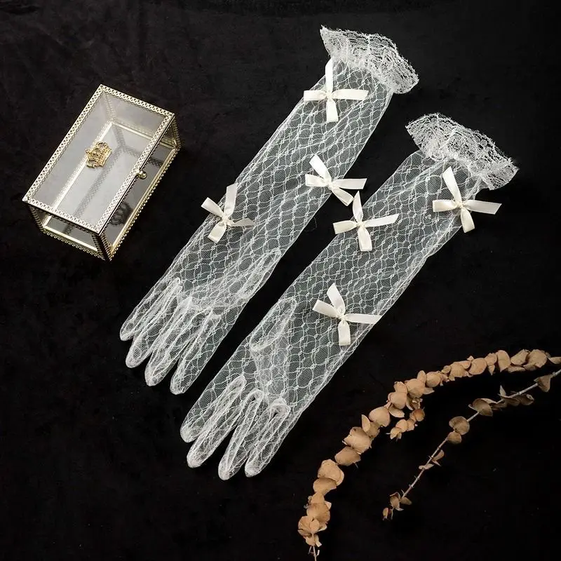 6 Styles Fashion Lace Gloves with Butterfly Flowers White Bridal Wedding Dress Gloves for Birthday Party Photography
