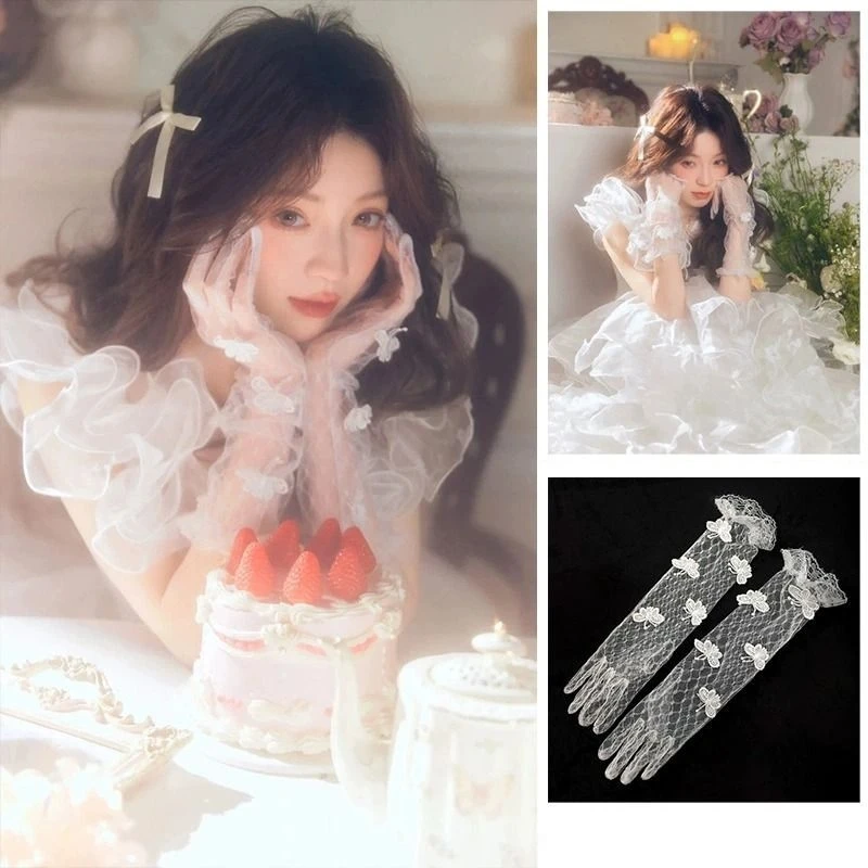6 Styles Fashion Lace Gloves with Butterfly Flowers White Bridal Wedding Dress Gloves for Birthday Party Photography