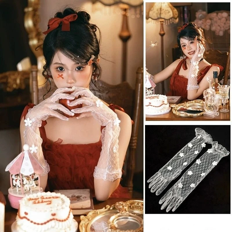 6 Styles Fashion Lace Gloves with Butterfly Flowers White Bridal Wedding Dress Gloves for Birthday Party Photography