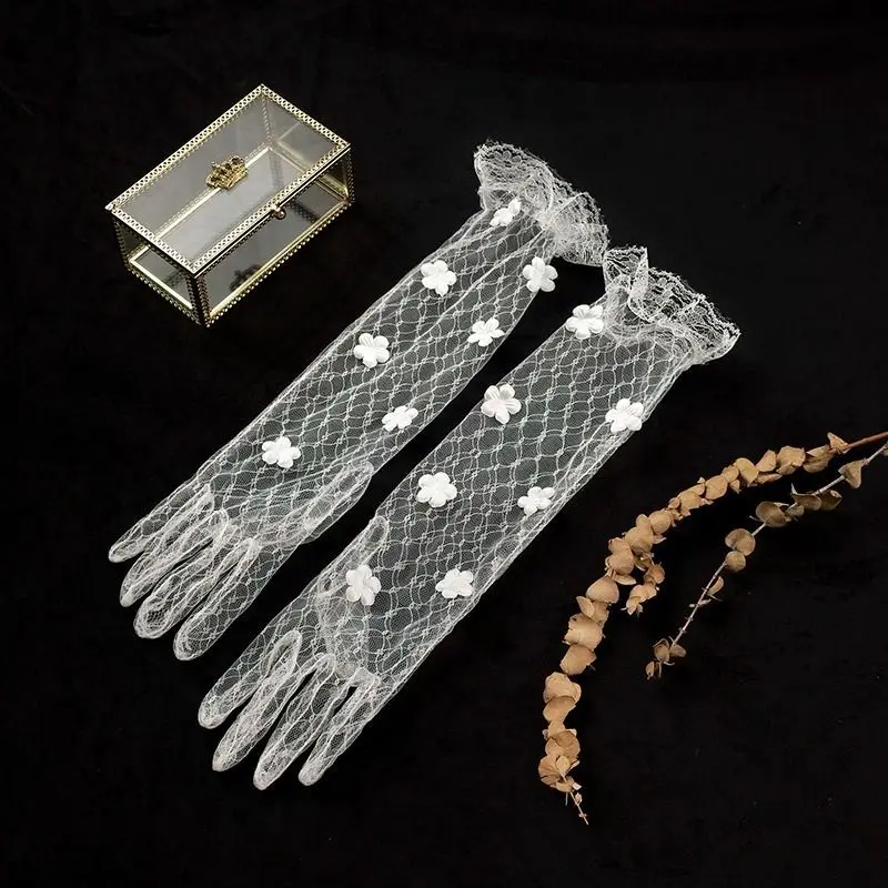 6 Styles Fashion Lace Gloves with Butterfly Flowers White Bridal Wedding Dress Gloves for Birthday Party Photography