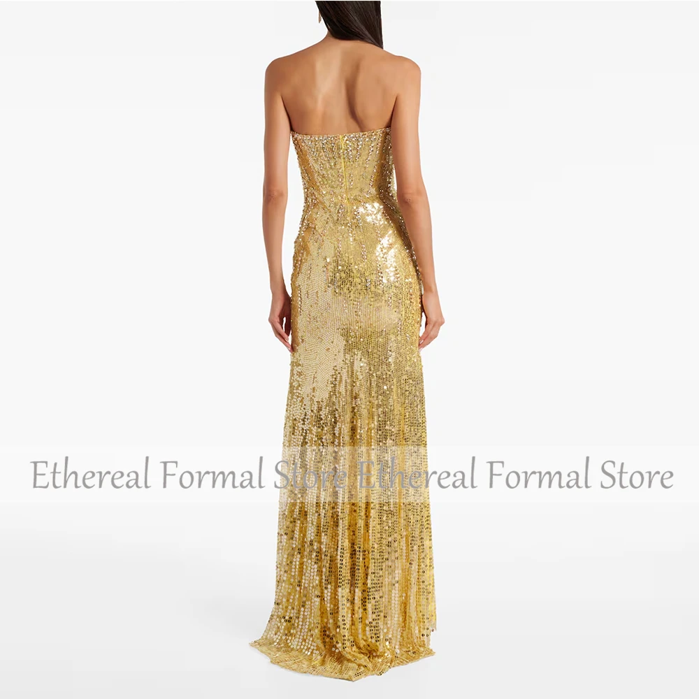Gliter Golden Sequin Strapless Evening Gown Mermaid Formal Party Dress Beading Saudi Dress Floor Length Sleevelss Prom Dress
