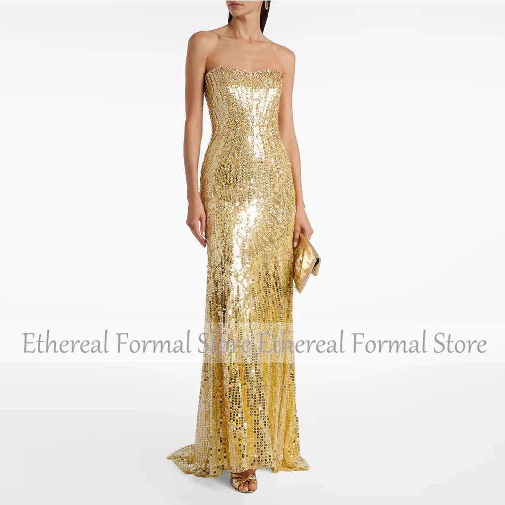 Gliter Golden Sequin Strapless Evening Gown Mermaid Formal Party Dress Beading Saudi Dress Floor Length Sleevelss Prom Dress