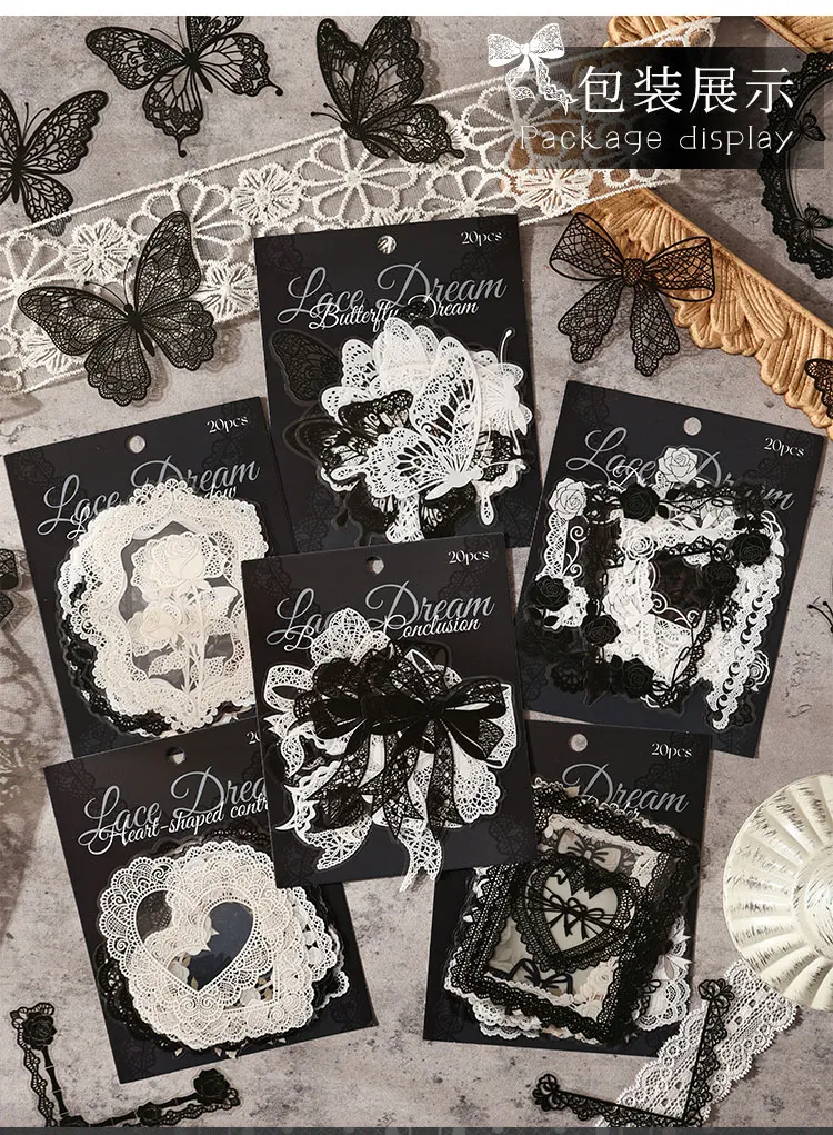 Black and white lace Decor 20 pcs PET Stickers pack Collage Junk Journal DIY Scrapbooking Self Adhesive Creative Diary Stickers