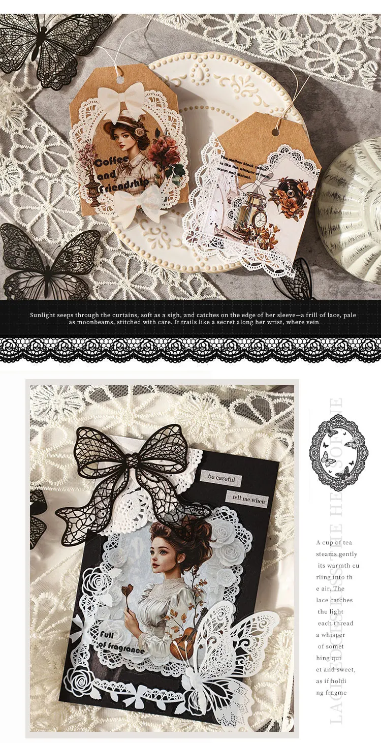 Black and white lace Decor 20 pcs PET Stickers pack Collage Junk Journal DIY Scrapbooking Self Adhesive Creative Diary Stickers
