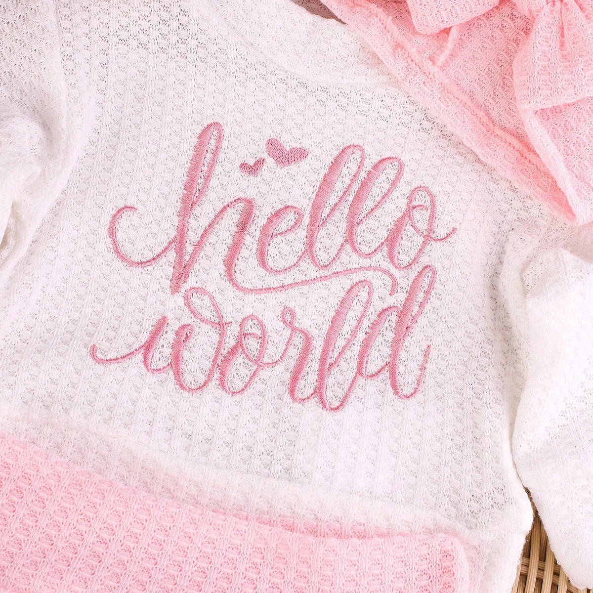 "Hello" Embroidery Newborn Photography Props Infant Romper Jumpsuit with Bow Hat Baby Coming Home Outfit Baby Photo Gift-HD