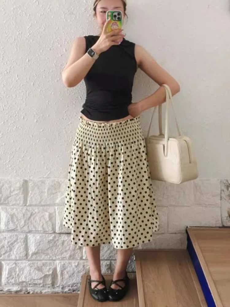 French Sweet New Design Polka Dot Skirts Women Retro Loose Straight Slimming Mid-length Skirt Female Pretty Pleated A-line Skirt