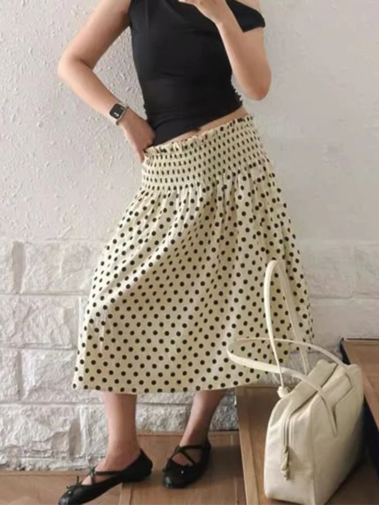 French Sweet New Design Polka Dot Skirts Women Retro Loose Straight Slimming Mid-length Skirt Female Pretty Pleated A-line Skirt