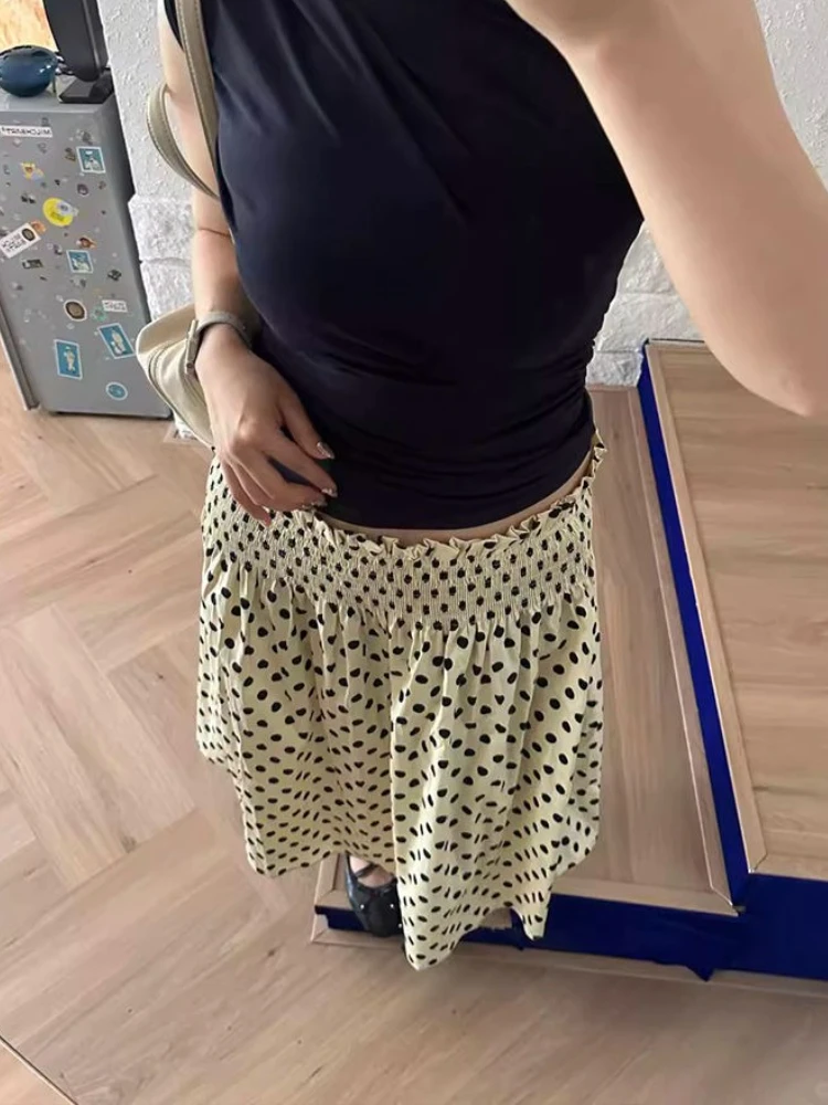 French Sweet New Design Polka Dot Skirts Women Retro Loose Straight Slimming Mid-length Skirt Female Pretty Pleated A-line Skirt