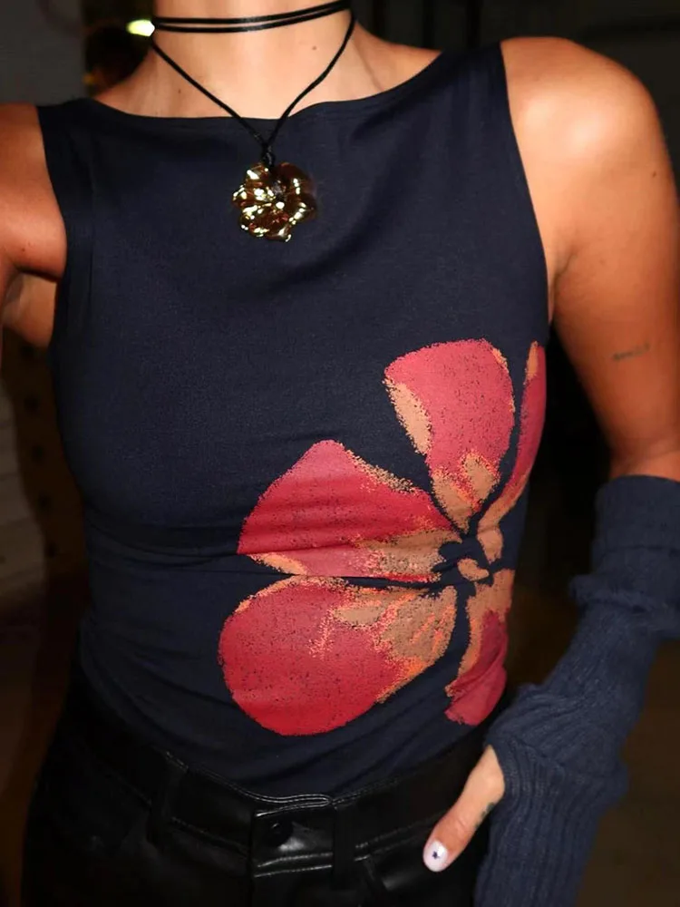 Women's Flower Print Crop Tank Top Fitted Boat Neck Sleeveless Summer Top for Party Club 2025 New Fashion