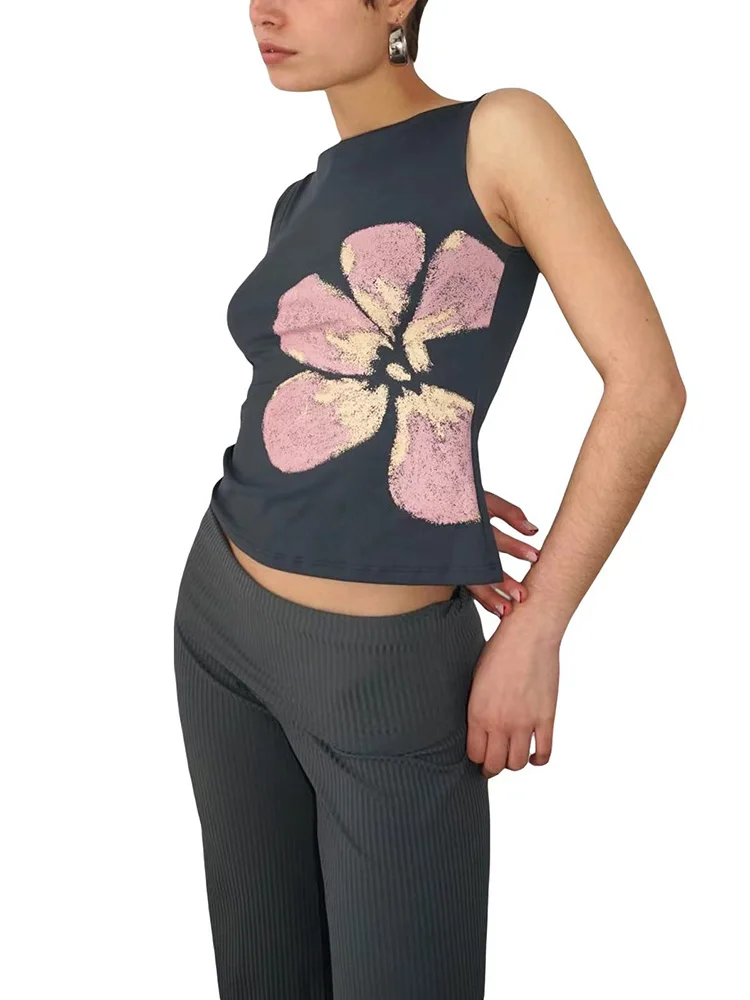 Women's Flower Print Crop Tank Top Fitted Boat Neck Sleeveless Summer Top for Party Club 2025 New Fashion