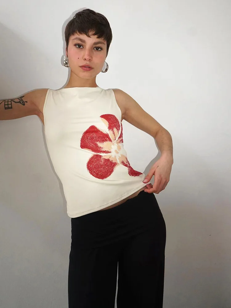 Women's Flower Print Crop Tank Top Fitted Boat Neck Sleeveless Summer Top for Party Club 2025 New Fashion