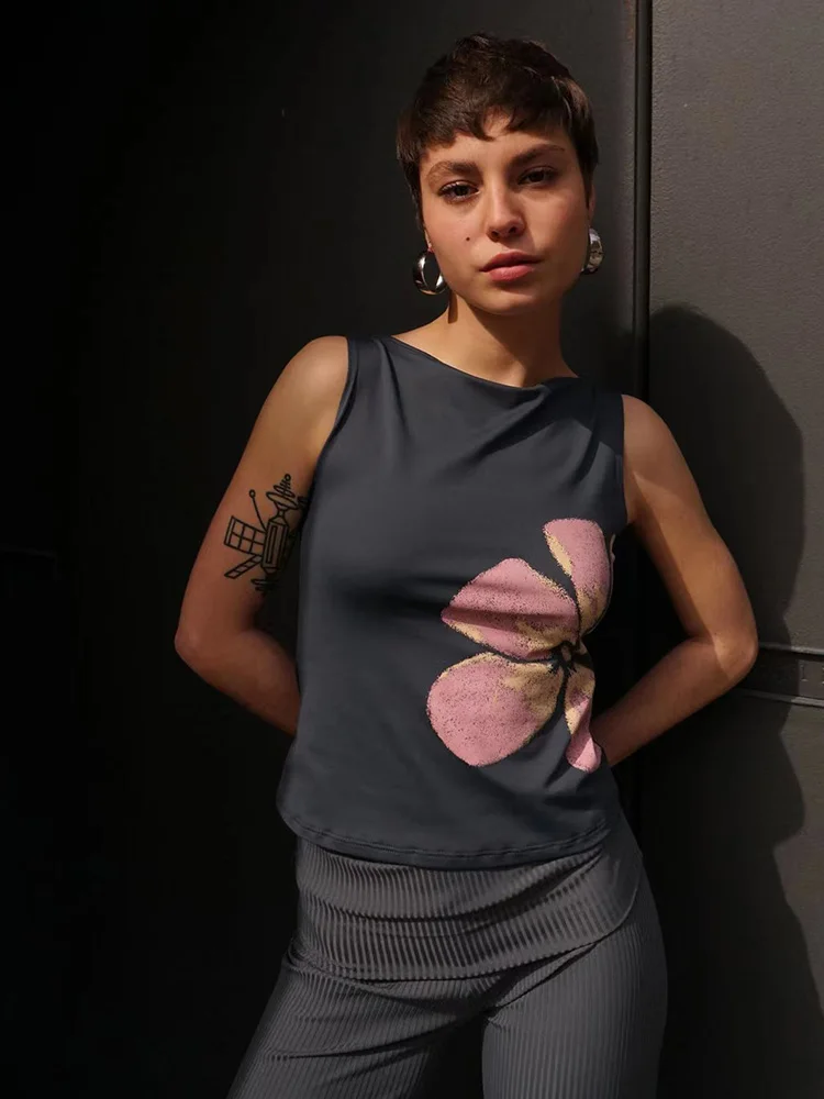 Women's Flower Print Crop Tank Top Fitted Boat Neck Sleeveless Summer Top for Party Club 2025 New Fashion