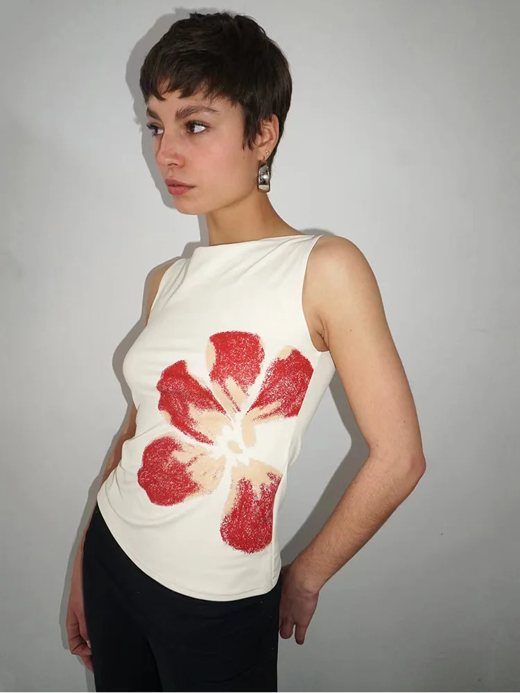 Women's Flower Print Crop Tank Top Fitted Boat Neck Sleeveless Summer Top for Party Club 2025 New Fashion