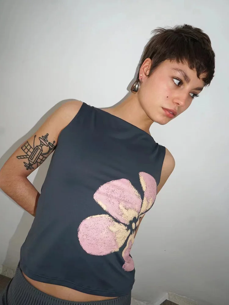 Women's Flower Print Crop Tank Top Fitted Boat Neck Sleeveless Summer Top for Party Club 2025 New Fashion